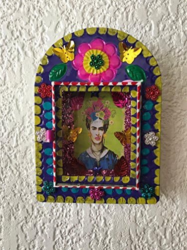 Casa Fiesta Dizajni Frida Kahlo Nicho Box - Ručno oslikani meksički umjetnički okvir - Hojalata Tin Nicho Meksička dekoracija - Nicho Frida