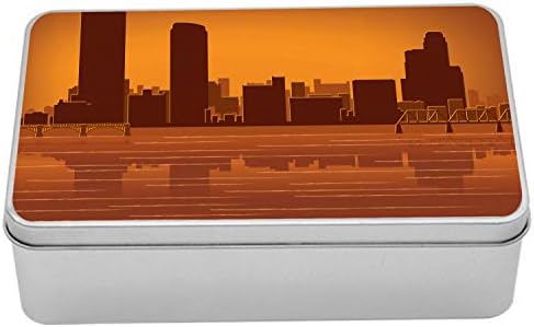 Metalna kutija AMBESONNE MICHIGAN, Grand Rapids Michigan Skyline sa refleksijom u vodenoj narančastoj boji, višenamjenski pravokutni limenki kontejner sa poklopcem, 7,2 x 4,7 x 2,2 , izgorela narančasta i smeđa