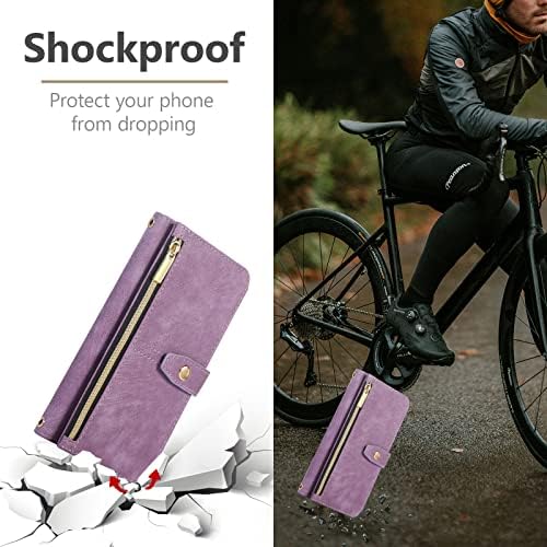 UEEBAI torbica za novčanik za Samsung Galaxy A54 5G, 9 držača za kartice slota Zipper džepna torbica futrola magnetno zatvaranje postolje sa trakom za zapešće TPU preklopna futrola otporna na udarce - Retro Purple