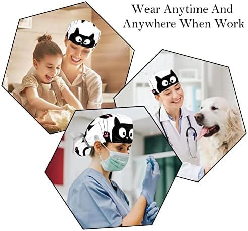 Cartoon crna mačka Radna kapa sa dugmetom & amp; traka za znoj 2 kom višekratna hirurška hirurgija kape