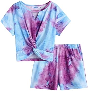 Yimoroe djevojke Tie Dye Shorts Setovi ljetna odjeća Twist prednji ključaonicu kratki rukav T-Shirt & amp