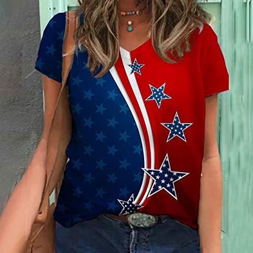 SAD Patriotske košulje za žene 4. jula Modne američke zastave Stars Stripes tiskani V-izrez kratkih rukava