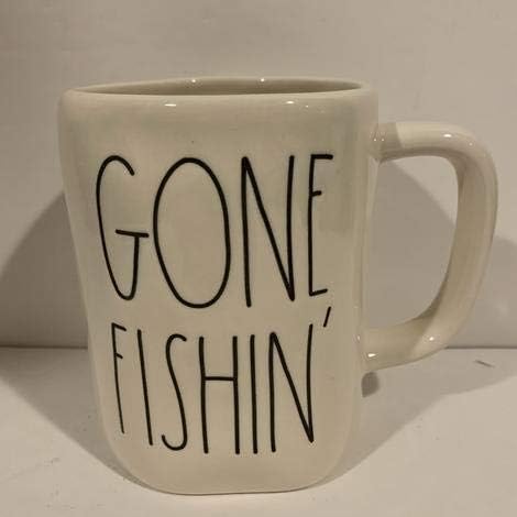 Rae Dunn GONE FISHIN kafa čaj kakao šolja-slonovača-ribolov-Ribar otac poklon-Keramika