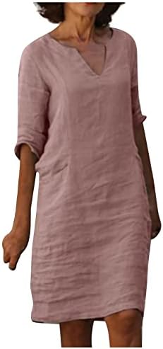 Ženska ljetna Ležerna jednobojna kratka rukava o-izrez šavovima labava džepna pamučna lanena haljina
