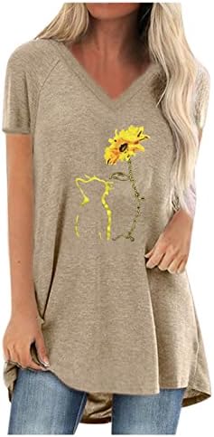 Izlasci vrhovi za žene, labav kratki rukav T majica Workout Sunflower Cat Print V bluza Casual Thirts Tees