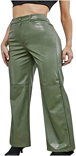 Ženske PU kožne duge hlače Čvrsto umjetne kože visoke struk ravne pantalone za noge Vintage 90-ih Streetwear