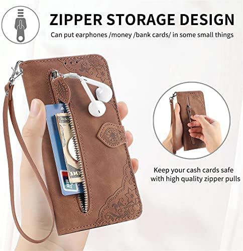 Xyx torbica za novčanik za Samsung A23 5G, dijagonalni cvijet PU Koža 6 utora za kartice Flip Leather Zipper džepna torbica Cover Kickstand zapešće Lanyard za Galaxy A23 5G, braon