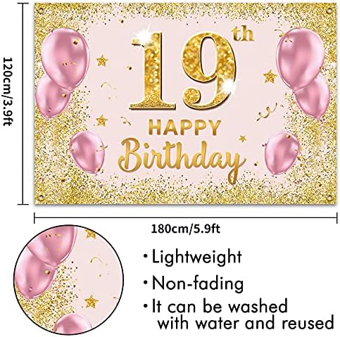 PAKBOOM Happy 19th Birthday Backdrop Banner - 19 Birthday Party Dekoracije potrepštine za žene-Gold Pink