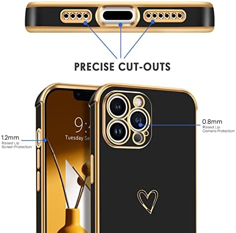 Souligo iPhone 13 Pro Max Case, telefonska futrola iPhone 13 Promax, tanak tanki luksuzni slatki zlatni dizajn srca otporni na udarce mekani gumeni hibridni branik pad za zaštitu djevojčica, crna