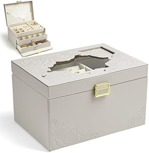 KAMIER luksuzna kutija za nakit sa staklenim poklopcem, 3-slojni PU kožni Organizator nakita sa dezenom ruže, kutija za odlaganje 2 fioke za minđuše, ogrlice, prstenje, božićni poklon
