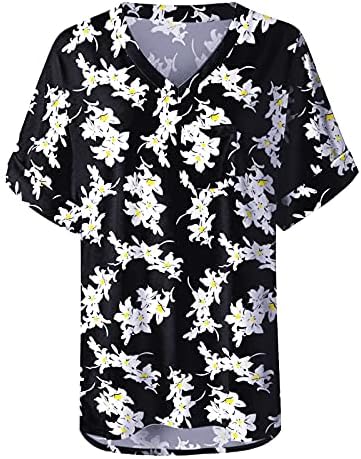 Ženski ljetni vrhovi, žene cvjetni vrhovi kratki rukav V izrez TEE majica tiskana strana Split Tunic Thirt