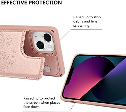 iCoverCase za iPhone 13 torbicu za novčanik sa držačem za kartice [RFID Blocking] reljefni kožni magnetni poklopac otporan na udarce sa trakom za zapešće, h-Rose Gold