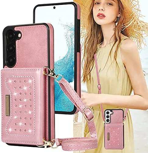 KUDEX za Galaxy S23+ Plus Crossbody novčanik slučaj, Glitter Bling koža RFID Blokiranje držač kartica slota Lanyard Strap torbicu slučaj za žene djevojke kompatibilan sa Samsung Galaxy S23 Plus (Rose Gold)