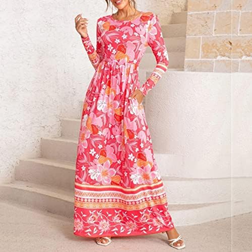 ADHOWBEW boho haljina za žene Casual cvjetni Print dugački rukav Maxi haljina Moda Smocked O vrat plus size