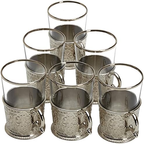 Turski set čaja za 6 - naočale sa nosačem mesinga i kašike, srebro
