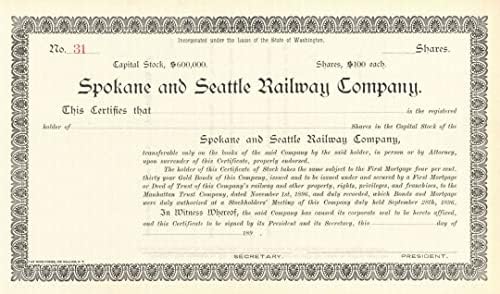 Spokane i Seattle Railway Co. - Certifikat Zaliha
