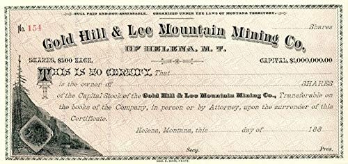 Gold Hill i Lee Mountain Mining Co. Helena, M. T. - certifikat zaliha
