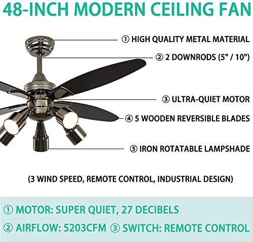 Anfersonlight Andersonlight Fan moderni Crni plafonski ventilator sa 5 rotirajućim svetlom, daljinskim upravljačem,