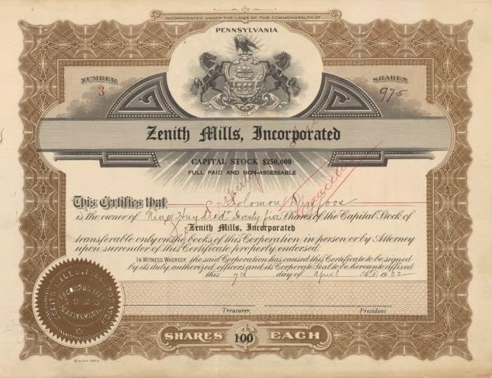 Zenith Mills, Incorporated-Certifikat Zaliha