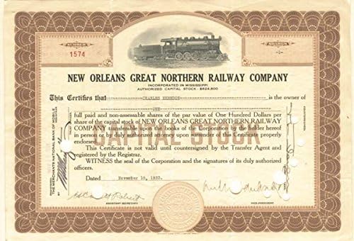 New Orleans Great Northern Railway - Certifikat Zaliha