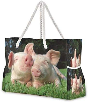 Torba za plažu ALAZA, torba za plažu ružičastih svinja na travi preko ramena sa pamučnim ručkama za uže