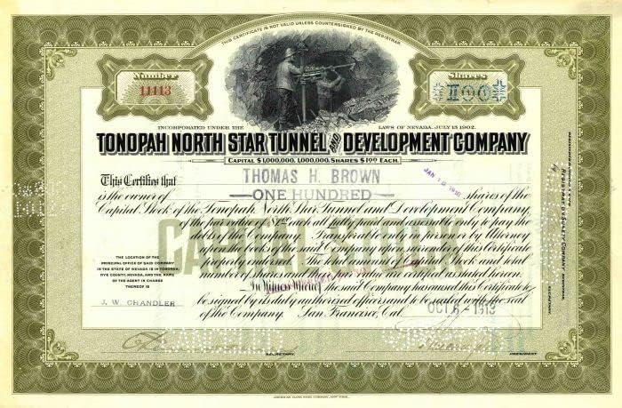 Tonopah North Star tunel i razvoj Co. - Certifikat O Rudarstvu