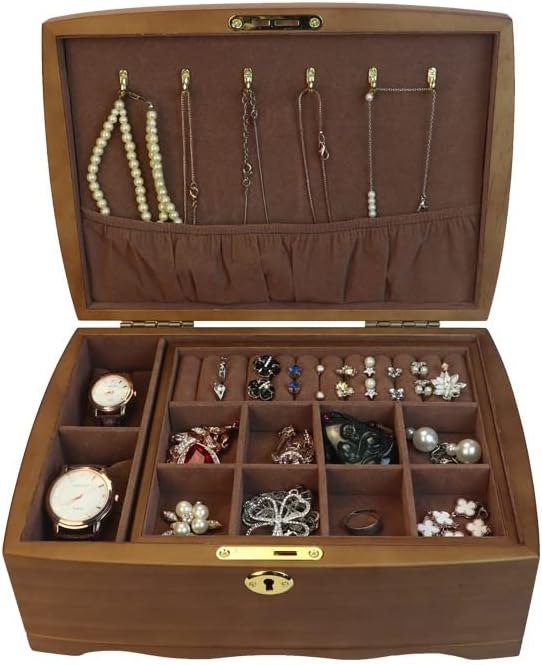 MMLLZEL Vintage Drvena kutija za organizatore nakita sa bravom za odlaganje ogrlica naušnice prstenovi narukvica sat nakit slučaj