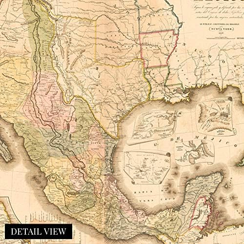 HISTORIX Vintage 1847 Poster mape Meksika-24x36 inča Vintage karta Meksika Države-Mapa de Mexico Wall Art-Mapa