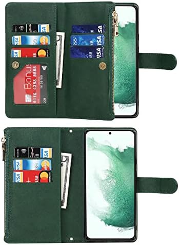Jaorty Samsung Galaxy S22 5G torbica za novčanik, [9 slotova za kartice] uklonjiva Podesiva ogrlica preko ramena traka za rame Patentni zatvarač magnetna kožna futrola za Samsung Galaxy S22 5G,6,1 inča tamno zelena
