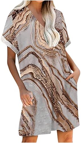 HOXINE Ljetne haljine za žene 2022 casual v izrez kratki rukav Tunik haljina modni mramorni print boho mashirts
