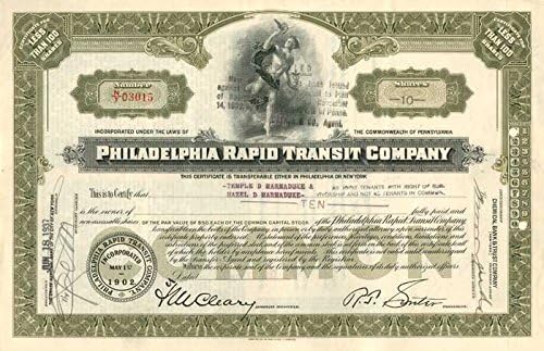Philadelphia Rapid Transit Co. - Certifikat Zaliha
