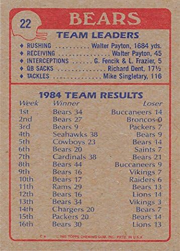 1985 TOPPS 22 Chicago Bears Bears TL NFL Fudbalska karta NM-MT