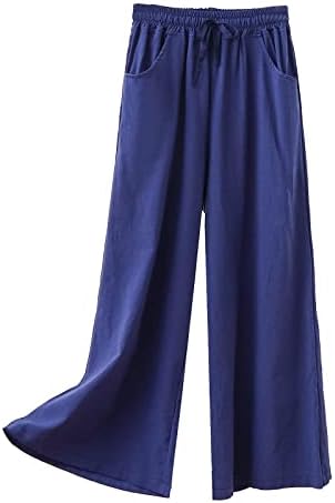 Ženske pamučne posteljine duge hlače Ležerne prilike pune boje ravne pantalone Elastični struk rastezanje širokih pantalona sa džepovima
