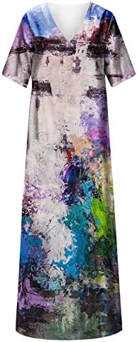 Ležerne ljetne haljine za žene Tie-dye Ispis V-izrez Haljina s kratkim rukavima A-line Flowing dugačka haljina