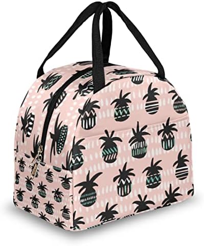 Izolovana torba za ručak za žene i muškarce, vektor Pink i Black ananas siluete Tote kutija za ručak za