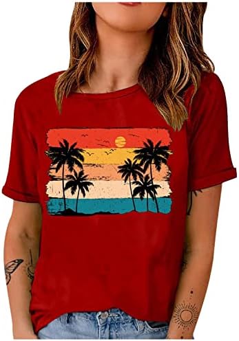 Sunset Coconut Drveće majica Žene Kampiranje Thirt Sun Print Grafički grafički tee Ležerni kratki rukav