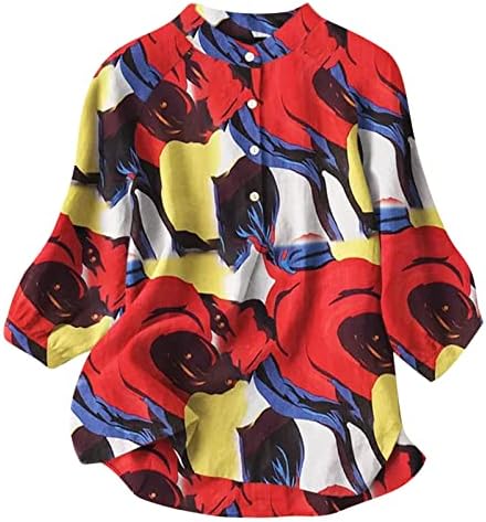 Prevelike Henleyje košulje za žene Print pamučne posteljine 3/4 laterne rukave Bluza Ljetni trendi tinejdžeri