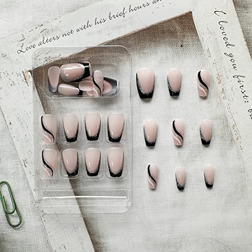 24kom francuski vrh pritisnite na noktima kratki kvadratni lažni nokti s dizajnom, Crni srebrni svjetlucavi