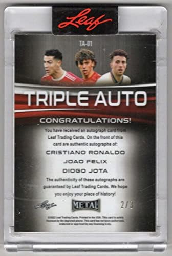 Cristiano Ronaldo / Joao Felix / Diogo Jota Auto 2022 listov metal / 3 trostruki auto portugal # TA-01 Crveni bijeli plavi RWB Autograph MT-MT + nogomet