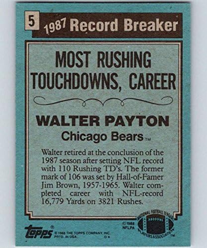 1988 TOPPS 5 WALTER PAYTON RB Većina žurnih touchdowna: karijera