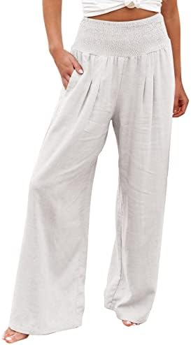 Ženske pamučne posteljine široke pantalone za noge čiste boje rucked elastične hlače velike struke sa džepovima
