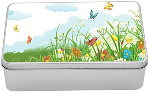 Metalna kutija Ambesonne trave, oblaci sa opružnom livadom sa leptirima i zelenom travom Clossom bašte,