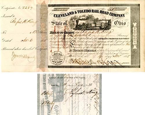Cleveland and Toledo Rail-Road Co. potpisan od strane Rufus H. King-Stock certifikat