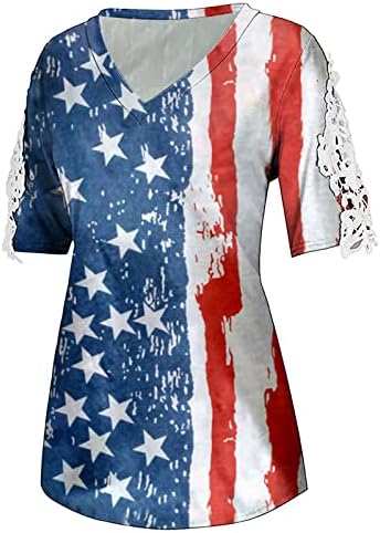 2023 Dan nezavisnosti vrhovi ženske američke zastave Ispis čipke kratkih rukava casual majica V izrez 4.