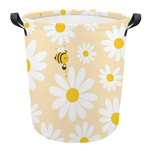 Veliki okrugli rublje za ručke s ručkama, tratinčica cvijeća pčela crtana košara za pohranu vodootporna