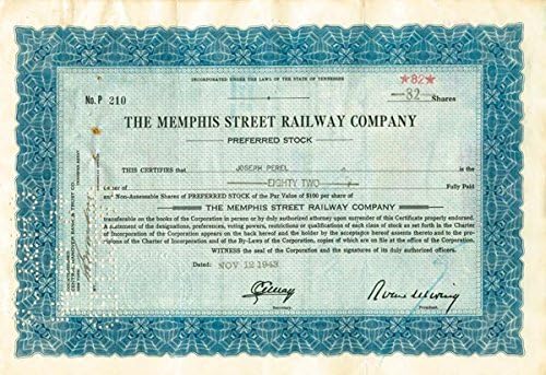 Memphis Street Railway Co. - Certifikat Zaliha
